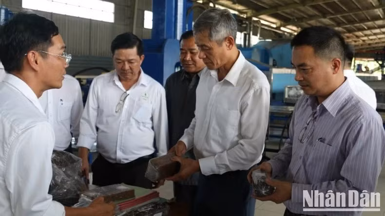 L'ambassadeur Nguyễn Minh Vũ visite l'usine de transformation des entreprises de caoutchouc du Cluster I appartenant au Groupe de l'Industrie du Caoutchouc du Vietnam. Photo: NDEL