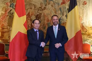 Le ministre vietnamien des Affaires étrangères Le Hoai Trung (à gauche) rencontre le vice-Premier ministre et ministre belge des Affaires étrangères, Maxime Prévot. Photo : QDND.