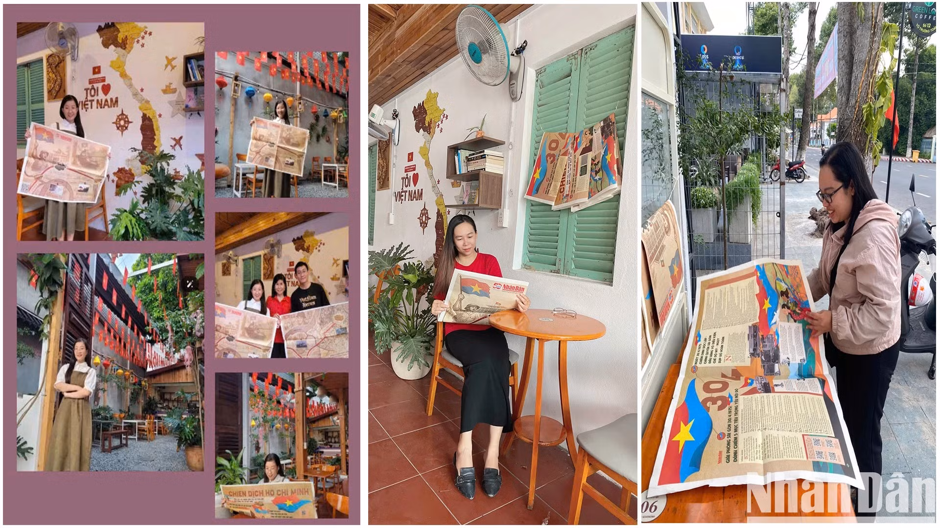 Des clients visitent les cafés de Dong Thap pour lire et prendre des photos avec le supplément spécial du 30 avril du Journal Nhân Dân. Photo : Huu Nghia.