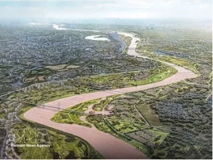 La cérémonie de mise en chantier du projet de construction de l’avenue paysagère du fleuve Rouge, dans le quartier de Phu Thuong, à Hanoi, le 19 décembre 2025. Photo : VNA.
