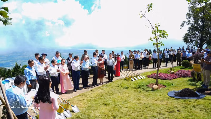 Une délégation de l'ambassade de Chine et des représentants de la province de Tay Ninh ont participé au programme de plantation d'arbres et de dons de l'amitié Vietnam-Chine au site touristique national du mont Ba Den. Photo : VNA.