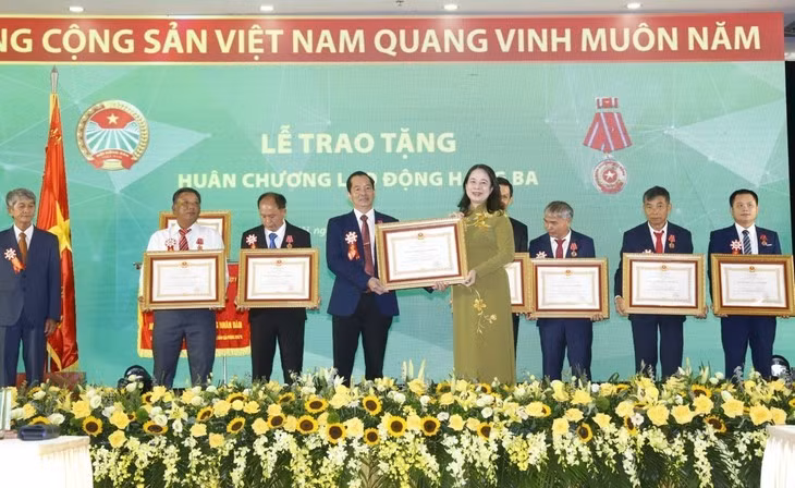 La vice-présidente de la République Vo Thi Anh Xuân remet l'Ordre du Travail de troisième classe à l’Association des paysans pour la libération du Centre et des Hauts Plateaux du Vietnam. Photo: nld.com.vn