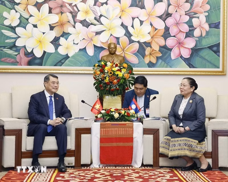 Réunion de haut niveau entre Le Minh Hung, membre du Bureau politique, secrétaire du Comité central du PCV, chef de la Commission centrale d’organisation du PCV, et son homologue lao, Sisay Leudetmounsone. Photo: VNA