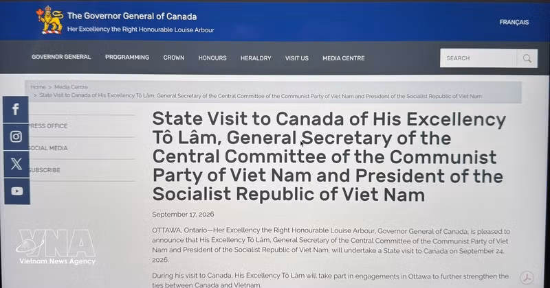 Le communiqué de presse a été publié sur le site Internet du Bureau de la gouverneure générale du Canada. Photo: VNA 