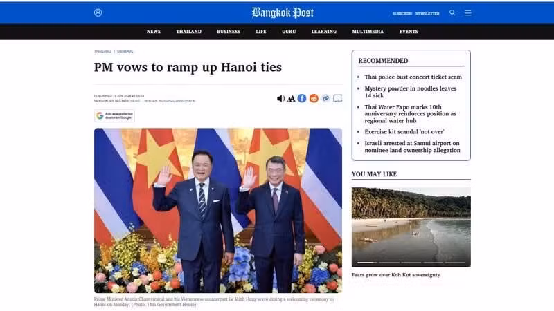 Le Bangkok Post rend compte des activités du Premier ministre Anutin Charnvirakul lors de sa visite officielle au Vietnam. (Capture d’écran)