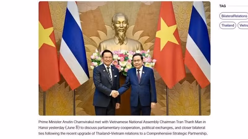 L’article de NBT consacré à la rencontre entre le président de l’Assemblée nationale Tran Thanh Man et le Premier ministre Anutin Charnvirakul. (Capture d’écran)