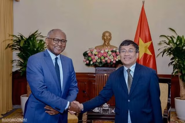 Le Vice-ministre permanent des Affaires étrangères, Nguyễn Minh Vũ, et M. Firmin Edouard Matoko. Photo : baoquocte.vn 