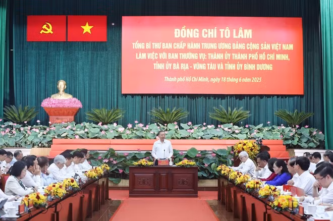 Le secrétaire général du Parti, Tô Lâm (centre) lors de la séance de travail, à Hô Chi Minh-Ville, le 18 juin. Photo : VNA