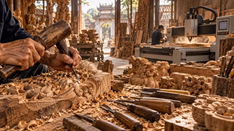 Les mains des artisans perpétuent la finesse de l’art traditionnel de la sculpture sur bois. (Photo d’illustration : ChatGPT)