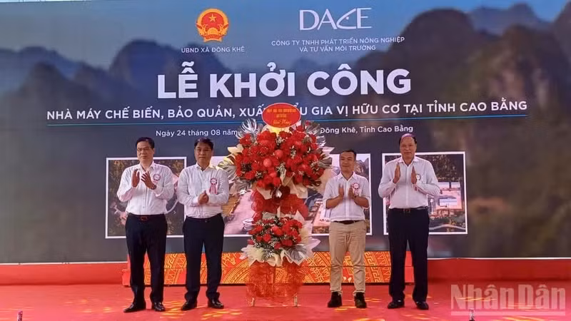 Les dirigeants de la province de Cao Bang offrent des fleurs de félicitations à la société DACE. Photo : nhandan.vn