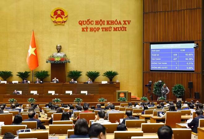 La Loi sur l’exécution des peines pénales (modifiée) a été adoptée avec 437 députés sur 438 votant pour, soit 92,39%. Photo : VNA.