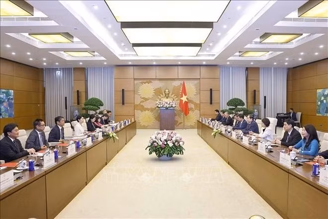 Réunion entre le président de l’AN Tran Thanh Man et la présidente de l’Alliance parlementaire d’amitié Japon – Vietnam, Obuchi Yuko. Photo : VNA.