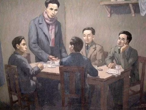 Dessin intitulé « Le dirigeant Nguyen Ai Quoc préside la réunion de fondation du Parti communiste du Vietnam, le 3 février 1930 ». Photo : Musée national d’histoire du Vietnam.