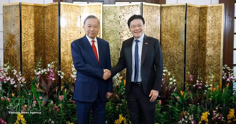 Le secrétaire général du Parti communiste du Vietnam (PCV) et président vietnamien, To Lam (gauche), et le Premier ministre singapourien, Lawrence Wong. Photo : VNA.