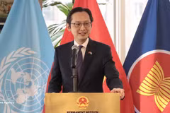 L’ambassadeur Dô Hung Viêt, représentant permanent du Vietnam auprès de l’ONU, s’exprime lors de la cérémonie, à New York, le 28 août. Photo : VNA.