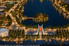 Vue en perspective du parc de Hoa Binh et de l’Arc de Triomphe, symbole du parc, depuis la rue Cau Go (élargie). Photo: hanoimoi.vn