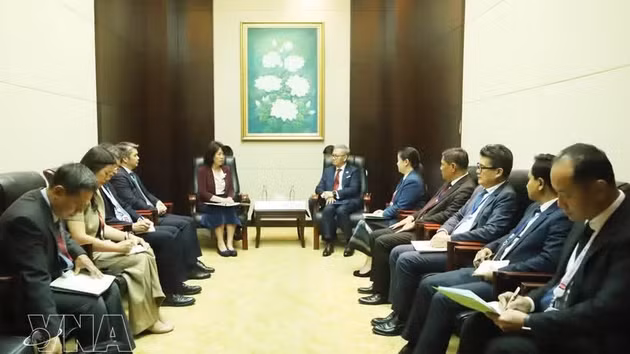 Le vice-Premier ministre et ministre lao des Affaires étrangères, Thongsavanh Phomvihane (à droite) reçoit la vice-ministre vietnamienne des Affaires étrangères, Nguyên Thi Hoàng Vân. Photo : VNA.