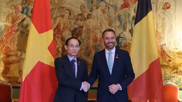 Le ministre vietnamien des Affaires étrangères Le Hoai Trung (à gauche) rencontre le vice-Premier ministre et ministre belge des Affaires étrangères, Maxime Prévot. Photo : QDND.