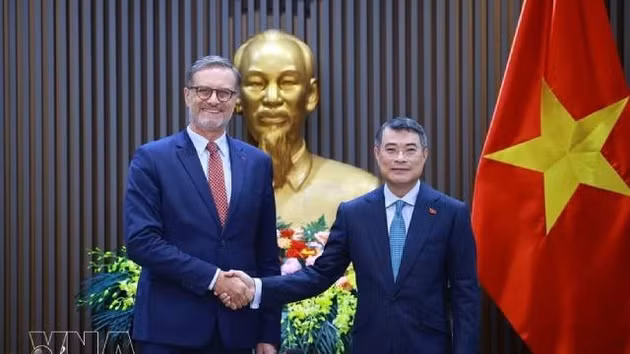Le Premier ministre Le Minh Hung (droite) et l’ambassadeur de France au Vietnam Olivier Brochet. Photo : VNA. 