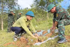 Dang Thanh Huy (à gauche), secrétaire du Comité du Parti de la commune de Sin Thau (province de Dien Bien), accompagné d'officiers et de soldats des forces armées, aide les habitants du village de Ta Mieu à creuser des trous pour planter des arbres fruitiers. Photo : LE LAN