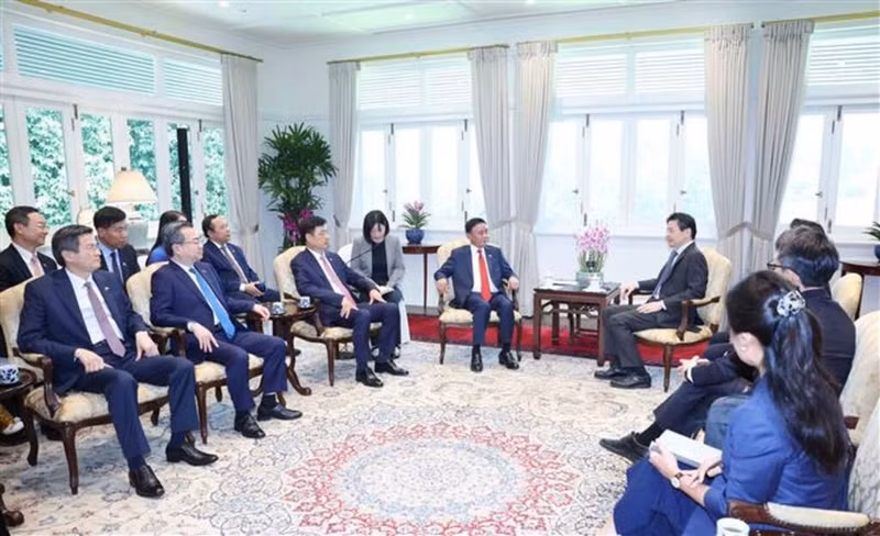Lors de la rencontre entre le membre du Bureau politique et permanent du Secrétariat du Comité central du PCV, Tran Cam Tu, et Lawrence Wong. Photo : VNA.