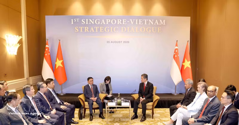 Cérémonie d'accueil solennel du membre du Bureau politique et permanent du Secrétariat Tran Cam Tu à Singapour. Photo : VNA. 