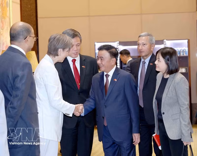 Le membre du Bureau politique et permanent du Secrétariat du Comité central du Parti communiste du Vietnam, Tran Cam Tu, rencontre des membres de la délégation singapourienne. Photo : VNA.
