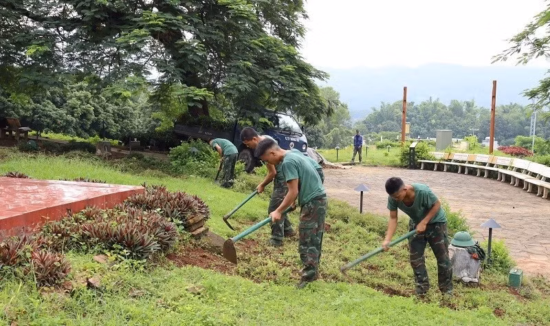 Des soldats du Régiment 82 labourent la terre et plantent des arbres sur la colline A1 dans le cadre de la « Campagne verte » lancée par le musée de Dien Bien Phu. Photo : NDEL