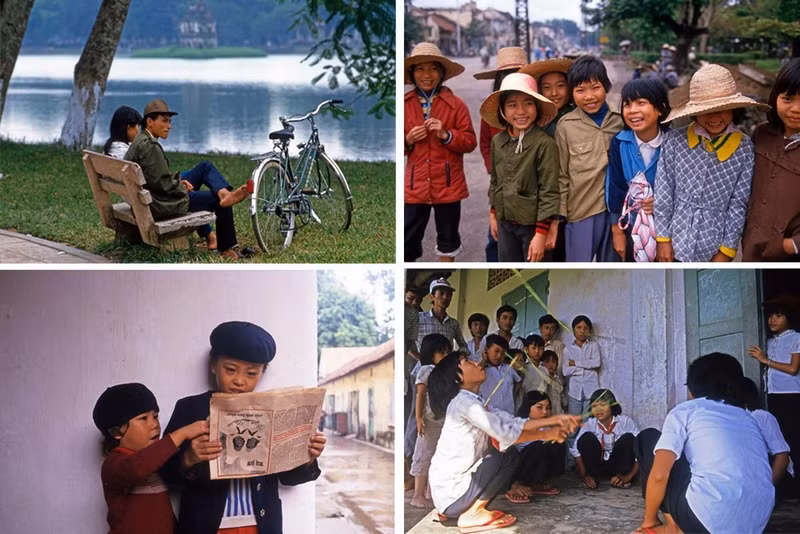 Œuvres de Lily Franey : Couple au bord du lac Hoan Kiem à Hanoi, Vietnam, 1987 ; Groupe de jeunes filles dans une rue de Hanoi, Vietnam, 1987 ; Des enfants lisant le journal, Hanoi, Vietnam, 1987 ; Jeux d’enfants, Hanoi, 1987. Photos fournies par les organisateurs