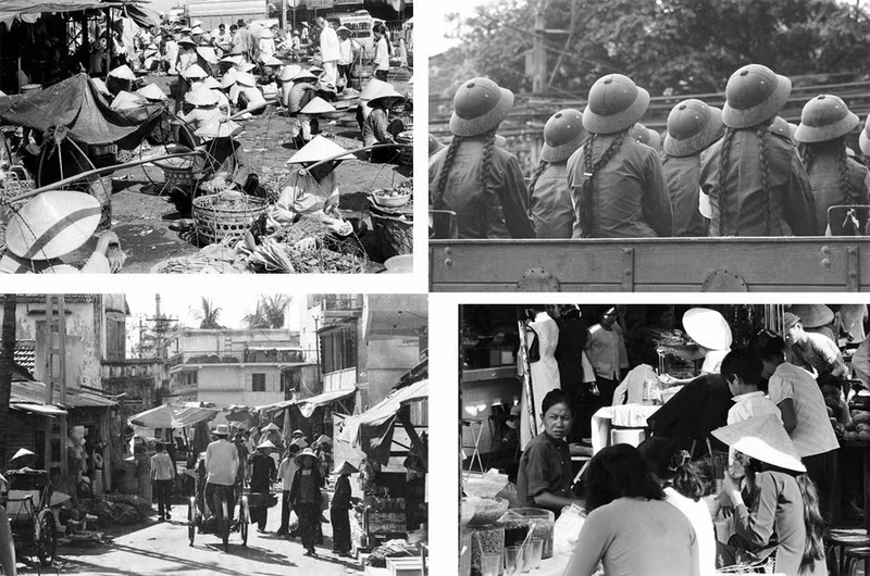 Des œuvres du photographe Gilbert Bertrand : Vie quotidienne (1975), Une milicienne assise sur un véhicule, Vie quotidienne (1975) et Vue d’un marché (1975). Photos fournies par les organisateurs