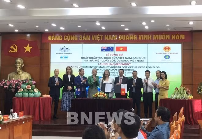 Les deux parties signent et échangent des documents relatifs à l'importation de myrtilles et de pamplemousses entre les deux pays. Photo : VNA