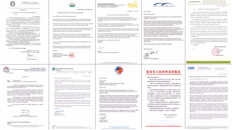 Ces derniers jours, l’UOAV a reçu de très nombreuses lettres, télégrammes et messages de félicitations à l'approche de son VIIe Congrès, envoyés par des partenaires et amis internationaux des cinq continents. Photo : thoidai