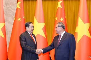 Le président de l’Assemblée nationale vietnamienne, Tran Thanh Man (à gauche), rencontre le Premier ministre chinois, Li Qiang. (Photo : VNA)