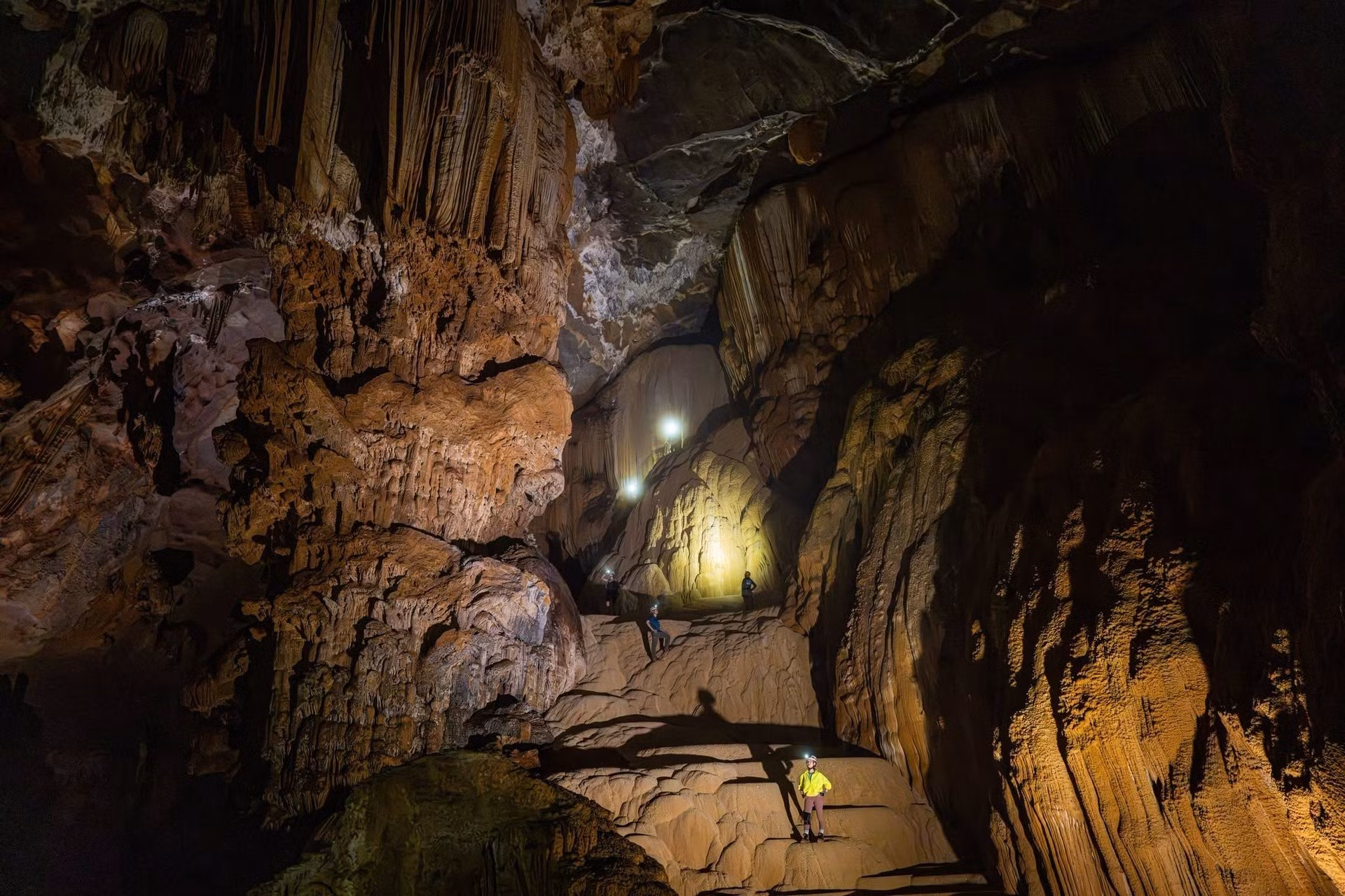 Située dans la vallée de Ma Da, au sein d’une zone strictement protégée du parc national, la grotte Thang s’étend sur environ 3 000 mètres, avec une largeur moyenne de 70 mètres, certaines sections dépassant même les 100 mètres. Le système de stalactites dans la grotte est très dense, et sa forme est comparée par les experts à un «palais». Photo: Jungle Boss