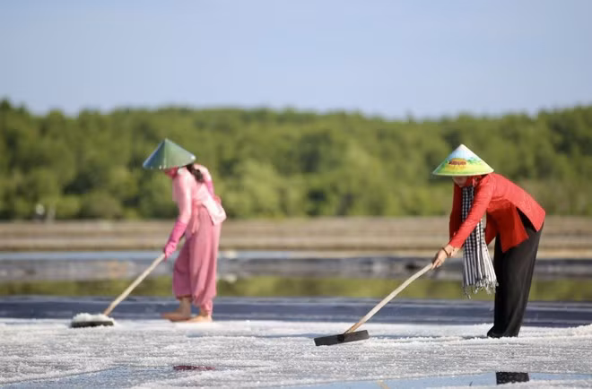 Les touristes ont la possibilité de découvrir la fabrication du sel à Thieng Lieng. Photo : VNA.