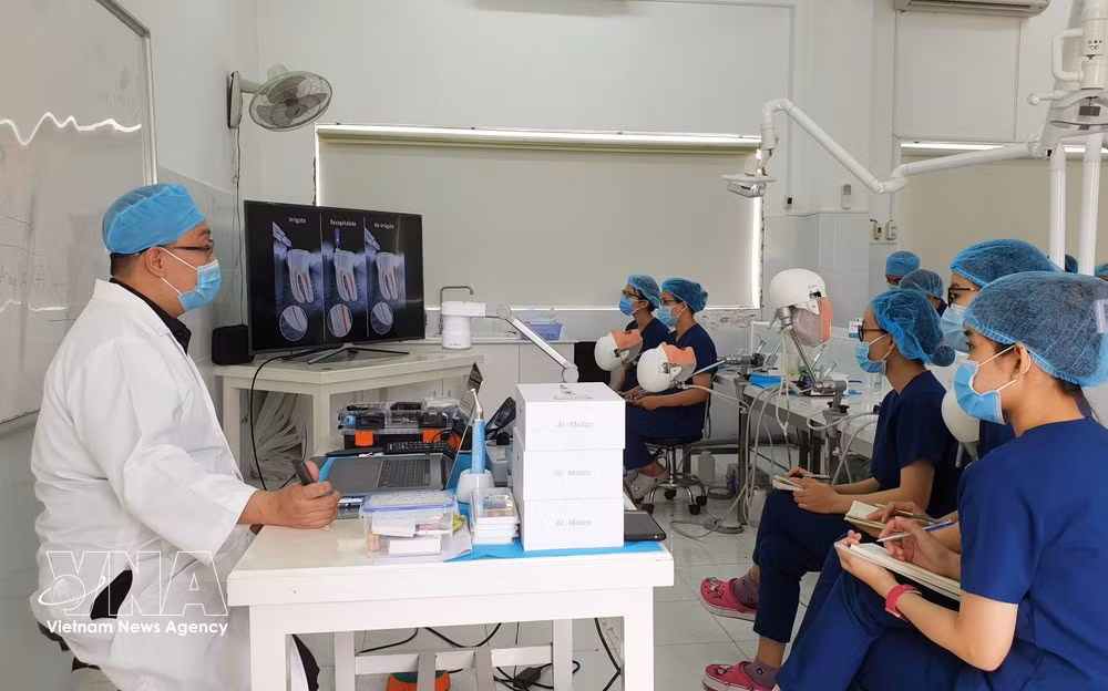 Des étudiants en odontologie de l’Université de Tra Vinh pendant un cours. Photo : VNA.