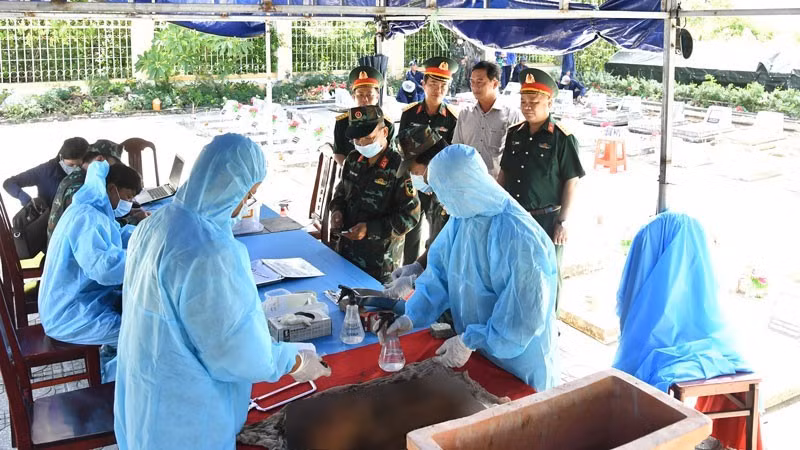 Des forces spécialisées du Commandement militaire provincial d'An Giang prélèvent des échantillons biologiques pour les analyses ADN des restes de soldats morts pour la Patrie. Photo : Phuong Vu/NDEL