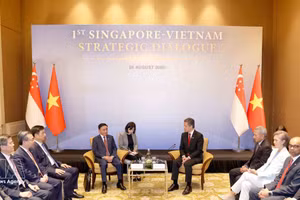 Cérémonie d'accueil solennel du membre du Bureau politique et permanent du Secrétariat Tran Cam Tu à Singapour. Photo : VNA. 