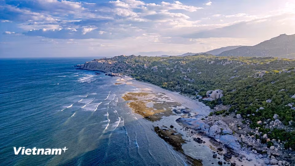 Vu du ciel, le parc de pierres de Ninh Thuan dévoile un impressionnant ensemble de formations rocheuses naturelles qui s’avancent vers le grand large. Depuis le 1er juillet 2025, ce site relève de la gestion du comité de gestion des parcs nationaux de Nui Chua et Phuoc Binh, dans la province de Khanh Hoa. Photo : Vietnam+