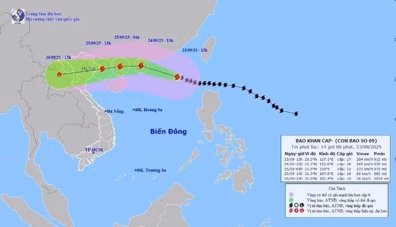 Trajectoire du super typhon Ragasa à 16 heures, le 23 septembre. Photo : VNA.