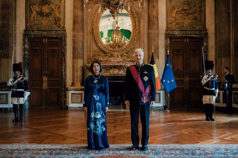 La nouvelle ambassadrice du Vietnam en Belgique, Nguyen Huong Tra, présente ses lettres de créance au roi Philippe. Photo : Monarchie belge.
