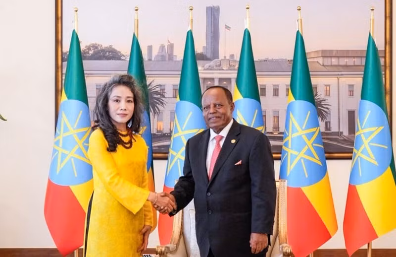 L'ambassadrice du Vietnam en Tanzanie et en Éthiopie, Vu Thanh Huyen, et le président d'Éthiopie, Taye Atske Selassie. Photo : NDEL.