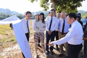 Le vice-président du Comité populaire de la province de Phu Tho, Dinh Cong Su, présente à la délégation française le projet de développement urbain d'adaptation au changement climatique dans la zone urbaine de Hoa Binh. Photo : VNA.