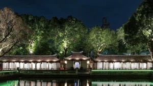 Effets lumineux projetés sur la surface des stèles en pierre et les motifs anciens, mettant en valeur les détails du patrimoine. Photo : VNA.