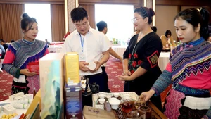 Les délégués visitent le stand d’exposition des produits à base de poivre des établissements industriels ruraux. Photo: NDEL