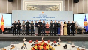 Le vice-Premier ministre et ministre des Affaires étrangères, Bui Thanh Son avec des ambassadeurs, des chefs de missions diplomatiques, des représentants d’organisations internationales au Vietnam. Photo : VNA.