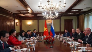 Madame Ngo Phuong Ly, épouse du secrétaire général du Parti communiste du Vietnam, To Lam, rencontre le vice-Premier ministre russe Dmitry Chernyshenko. Photo : VNA.