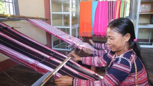 Une femme Ba Na du village de Xi Thoai tisse du brocart traditionnel. Photo : VNA.