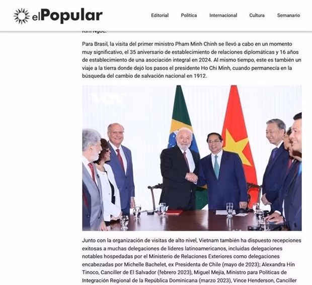 L'article publié sur la page électronique du journal El Popular (Le Peuple) du Parti communiste uruguayen. Photo: VNA L'article publié sur la page électronique du journal El Popular (Le Peuple) du Parti communiste uruguayen. Photo: VNA