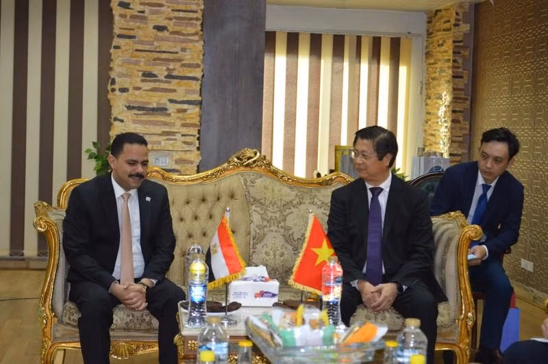Le chef adjoint de la Commission des relations extérieures du Comité central du Parti, Truong Quang Hoai Nam, et Ashraf Rashad Al-Sharif, premier vice-président et secrétaire général du Parti du futur de la nation de l’Égypte. Photo : VNA.